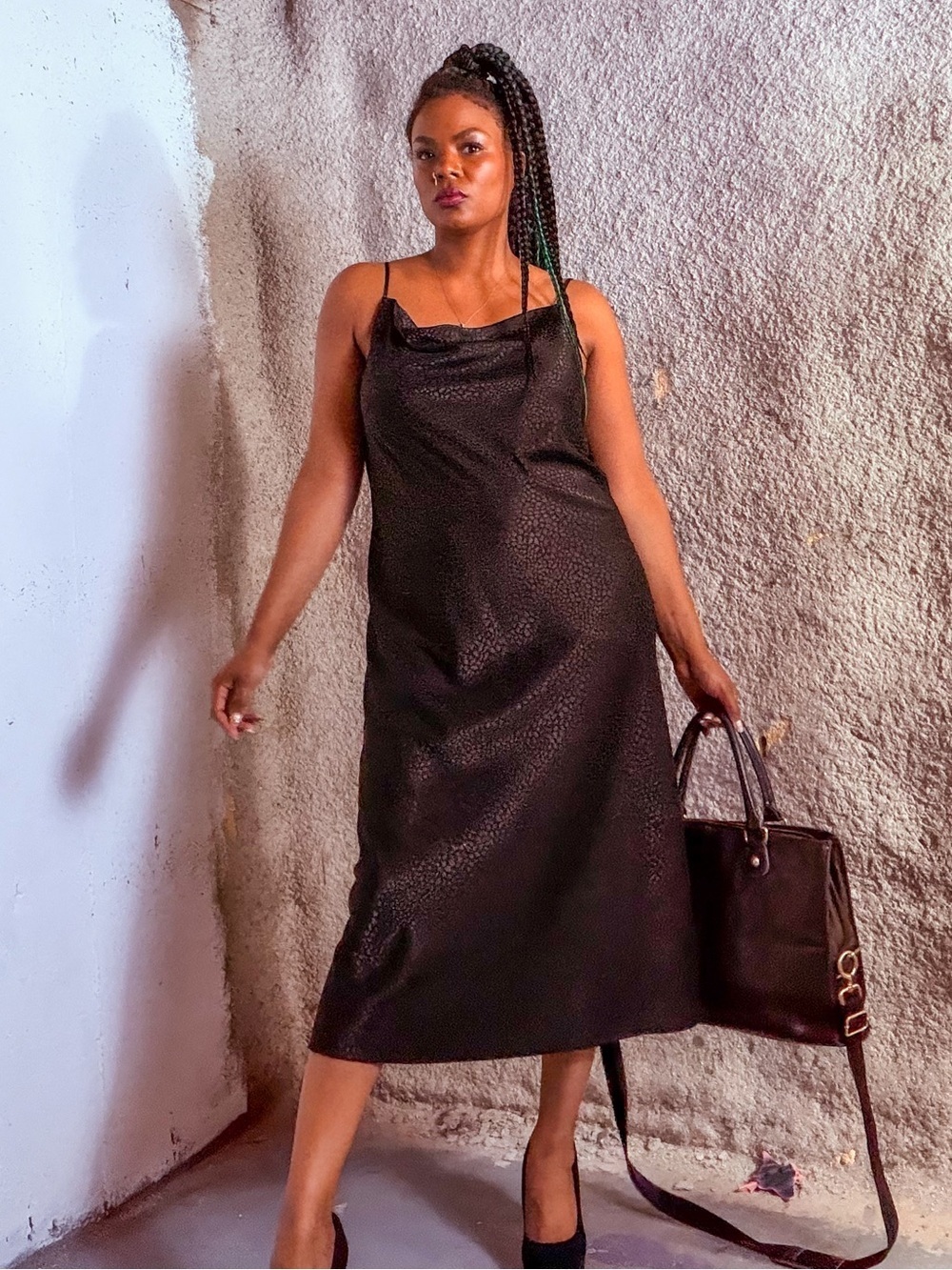 Emma & Michele Black Slip Midi Dress, M